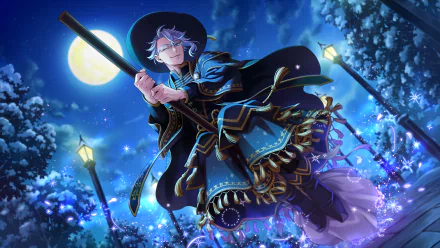 HD PC wallpaper of Azul Ashengrotto from the video game Twisted Wonderland: moonlit, cloaked mage in blue with staff, surrounded by glowing lanterns and sparkling magical flowers.