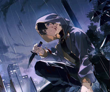Shxtou (Virtual YouTuber) anime HD PC wallpaper: hooded virtual youtuber crouching in rain-soaked city at night, gripping a knife under neon lights, shards of glass and dramatic shadows.