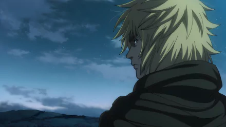 Thorfinn from Vinland Saga is depicted in an 8K Ultra HD anime wallpaper, gazing thoughtfully against a twilight sky background.