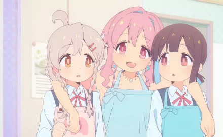 HD anime desktop wallpaper featuring Mihari Oyama, Kaede Hozuki, and Mahiro Oyama from Onimai: I'm Now Your Sister!, showcasing their close and cheerful bond.