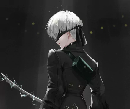 YoRHa No.9 Type S from NieR: Automata in a dark, atmospheric HD PC desktop wallpaper background.