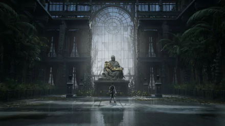 4K Ultra HD PC wallpaper featuring a dramatic scene from the video game Lies Of P, showing a lone figure facing a large statue in a grand, dimly lit hall.
