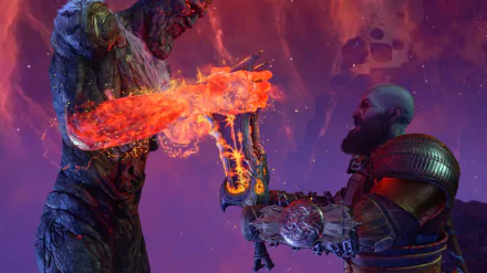 Kratos (God Of War) from the video game God of War: Ragnarök clashes his glowing axe with a giant's fiery arm — 2K Quad HD PC desktop wallpaper/background