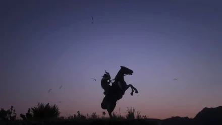 Silhouette of Arthur Morgan on horseback at night, set against a twilight sky in a 4K Ultra HD Red Dead Redemption 2 video game wallpaper.