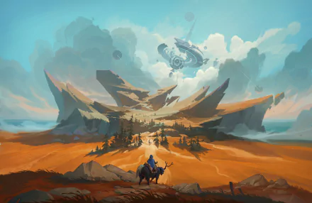 HD PC desktop wallpaper depicting a sci-fi landscape with a lone rider on horseback approaching jagged rock formations under a sky with a futuristic hovering spacecraft.