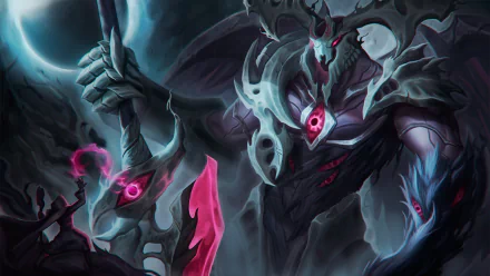 Aatrox, the Darkin, menacing in dark armor with a blood-red blade, swirling void and moon backdrop — Legends of Runeterra / League of Legends HD PC desktop wallpaper.