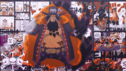 Marshall D. Teach from the anime One Piece stands menacingly with dark flames around him, set against a vivid 4K Ultra HD collage of manga panels for a PC desktop wallpaper.