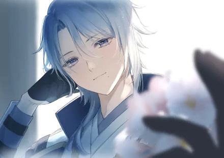 HD PC desktop wallpaper of Kamisato Ayato from the video game Genshin Impact — serene close-up portrait with pale blue hair, soft lighting, and a gentle outstretched hand.