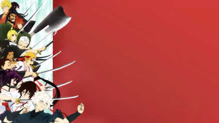 8K Ultra HD PC desktop wallpaper featuring Gabimaru and characters from the anime Hell's Paradise, set against a bold red background.