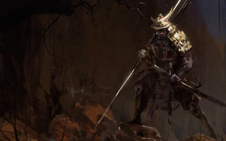 HD PC desktop wallpaper background depicting a lone fantasy samurai in ornate horned armor, spear raised over a smoky battlefield.