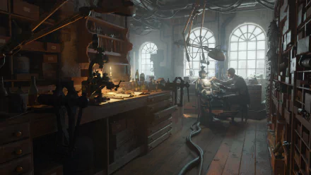 4K Ultra HD sci-fi desktop wallpaper featuring a detailed workshop with a humanoid robot and a person working together under soft, atmospheric lighting.