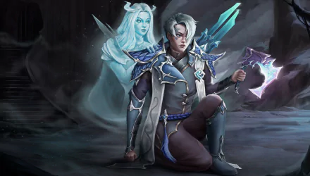 HD PC desktop wallpaper of Aphelios (League of Legends), a video game champion kneeling with a translucent blue companion and crystalline blades amid a dark, misty cavern background.