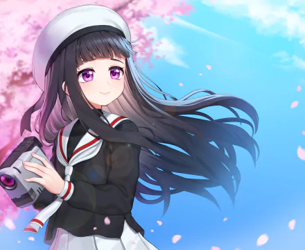 Tomoyo Daidouji from Cardcaptor Sakura in a school uniform and beret, holding a camcorder, hair flowing among cherry blossoms under a blue sky — 4K Ultra HD anime PC desktop wallpaper.