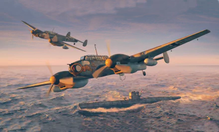 HD PC desktop wallpaper featuring Luftwaffe Messerschmitt Bf 110 aircraft flying over the ocean at sunset, with a submarine visible below.