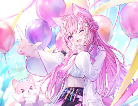 Hololive Hakui Koyori anime Virtual YouTuber winking, pink cat ears and flowing hair, reaching out amid pastel balloons and a cat plush — 2K Quad HD PC desktop wallpaper/background