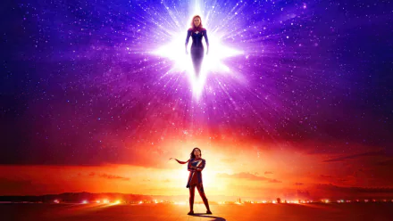 4K Ultra HD PC desktop wallpaper featuring a vibrant scene from the movie The Marvels with two powerful figures against a cosmic and fiery sky background.