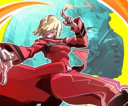 Anime Cyberpunk: Edgerunners HD PC desktop wallpaper/background — masked blonde in a red coat strikes a dynamic pose against neon cityscapes with a looming mech silhouette.