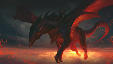A fierce fantasy dragon with glowing red wings soars over a fiery landscape in this vivid 4K Ultra HD PC desktop wallpaper and background.