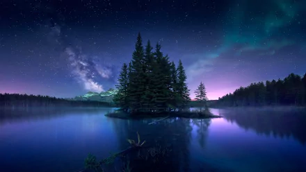 HD PC desktop wallpaper — night nature scene at Two Jack Lake: a tree-covered island reflected in calm water under the Milky Way and a faint aurora.