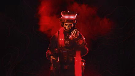Simon Ghost Riley from Call of Duty: Modern Warfare 2 stands in red smoke, featured in a 4K Ultra HD PC desktop wallpaper and background.