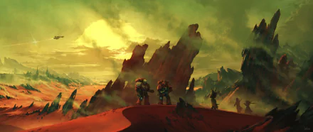HD PC desktop wallpaper: Blood Angels Space Marines stand on a red alien ridge beneath a stormy yellow-green sky — Warhammer 40k video game art.