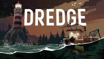 Dredge video game 4K Ultra HD PC desktop wallpaper/background: stylized fishing trawler near a red-and-white lighthouse at dusk, choppy sea with dark shapes beneath the waves.
