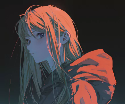 HD anime desktop wallpaper featuring a close-up of an anime girl with long hair illuminated by orange light against a dark background.