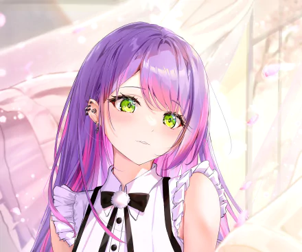HD PC desktop wallpaper of hololive Virtual YouTuber Tokoyami Towa — anime close-up: purple-pink hair, bright green eyes, frilled outfit with bow, soft pastel background.