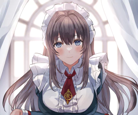 Anime maid Curacoa (Azur Lane) framed by arched window light — blue-eyed, brown-haired in white frills and red tie; detailed 2K Quad HD PC desktop wallpaper and background.