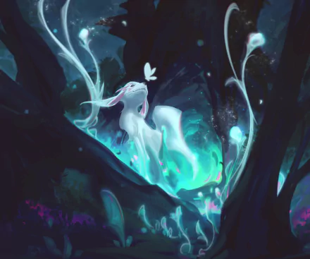 A glowing, ethereal fantasy creature surrounded by luminous plants and butterflies in a dark, mystical forest, captured in vivid 4K Ultra HD detail.