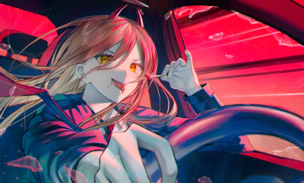 A 4K Ultra HD wallpaper featuring Power from Chainsaw Man, depicted with vibrant colors and dynamic expression while driving, capturing the action-packed essence of the anime.