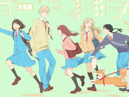 HD PC desktop wallpaper featuring Makoto Kurume, Yuzuki Murashige, Mika Egashira, Sousuke Shima, and Mitsumi Iwakura from the anime Skip and Loafer.