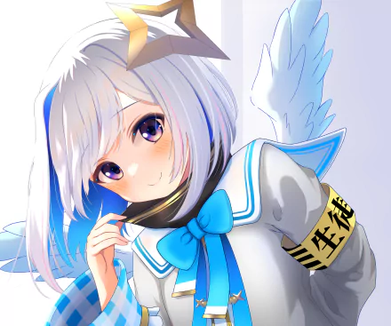 HD anime-style desktop wallpaper featuring Amane Kanata from hololive, a virtual YouTuber, with white hair, blue eyes, and angel wings in a blue and white sailor outfit.