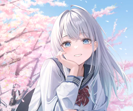 HD PC desktop wallpaper and background: anime girl — silver-haired schoolgirl in a sailor uniform smiling beneath cherry blossoms against a bright blue sky.