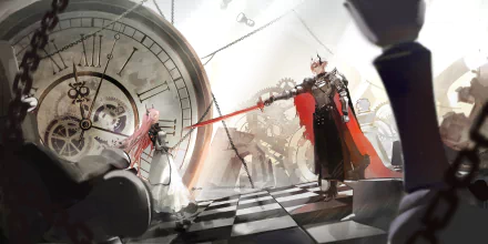 Theresa (Arknights) stands against an armored foe on a clockwork chessboard, red blade poised amid gears and a giant clock — 5K Ultra HD PC desktop wallpaper from the Arknights video game.