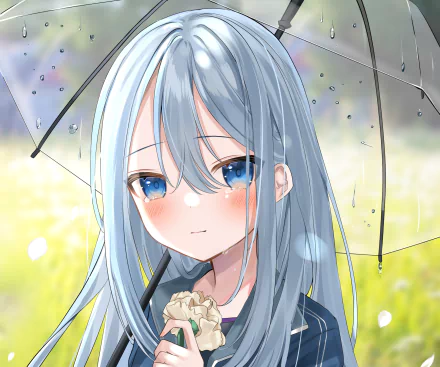 Yoisaki Kanade (Project Sekai: Colorful Stage! feat. Hatsune Miku) close-up: silver-blue hair and blue eyes, holding a raindrop-speckled umbrella against a soft field — HD PC desktop wallpaper.