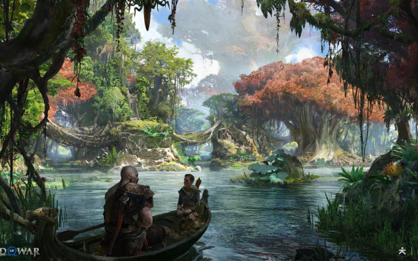 HD PC desktop wallpaper showcasing a lush, vibrant forest and river scene from the video game God of War: Ragnarök, featuring two characters in a boat.