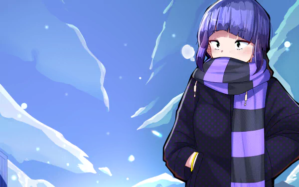 HD anime desktop wallpaper featuring Kyōka Jirō from My Hero Academia, showcasing her with a purple scarf against a bright, icy blue background.