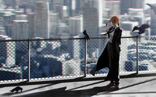 HD desktop wallpaper featuring Makima from Chainsaw Man anime, standing on a rooftop with a cityscape background and crows perched on a fence.