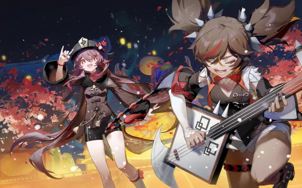 4K Ultra HD PC wallpaper featuring Xinyan and Hu Tao from Genshin Impact in a dynamic, fiery scene with vibrant colors and detailed character designs.