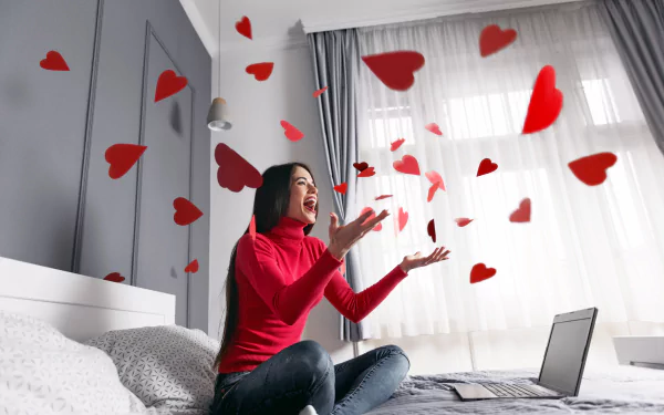 A woman in a red sweater sits on a bed, joyfully tossing red heart shapes into the air, captured in vibrant 4K Ultra HD for a PC desktop wallpaper.