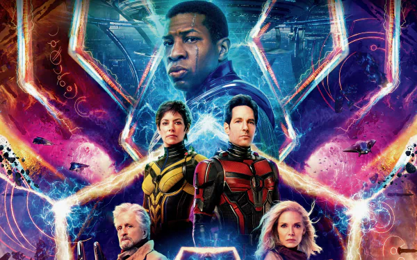 Ant-Man and The Wasp: Quantumania 8K Ultra HD PC wallpaper: costumed heroes and allies stand before a glowing, insect-like quantum vortex surrounded by neon cosmic energy.