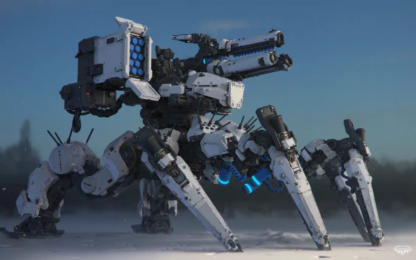 HD desktop wallpaper featuring a dynamic sci-fi mech in a snowy landscape, equipped with multiple weapons and blue energy highlights.