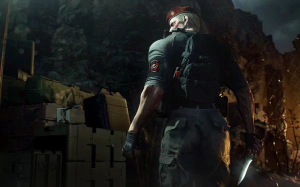 Jack Krauser stands in a dark, tense environment holding a knife, featured in a 4K Ultra HD PC desktop wallpaper from the Resident Evil 4 (2023) video game.