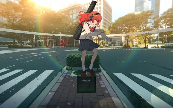 A vibrant 4K Ultra HD wallpaper featuring Ikuyo Kita from Bocchi the Rock! standing on a street corner with a guitar, surrounded by a cityscape and warm sunlight.