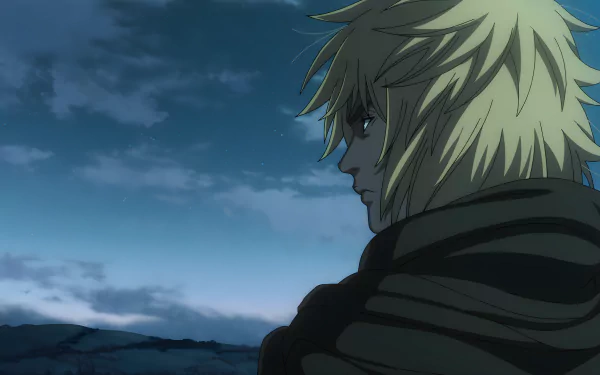 Thorfinn from Vinland Saga is depicted in an 8K Ultra HD anime wallpaper, gazing thoughtfully against a twilight sky background.