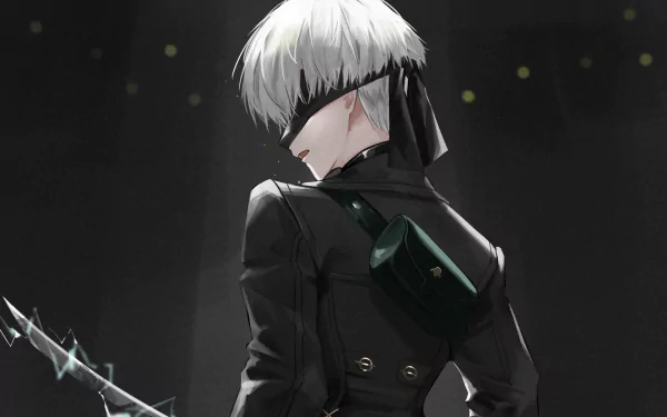 YoRHa No.9 Type S from NieR: Automata in a dark, atmospheric HD PC desktop wallpaper background.