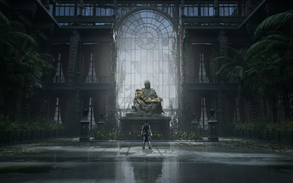 4K Ultra HD PC wallpaper featuring a dramatic scene from the video game Lies Of P, showing a lone figure facing a large statue in a grand, dimly lit hall.