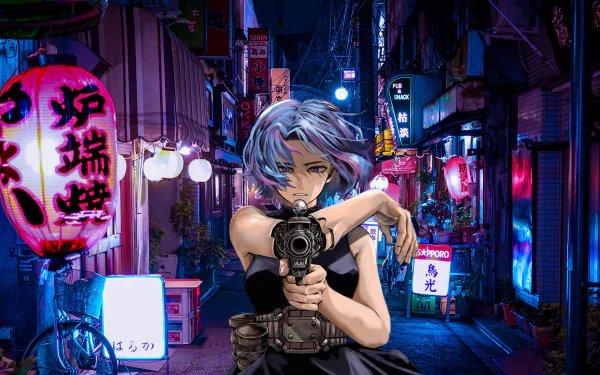 HD desktop wallpaper featuring Lady Nagant from Boku No Hero Academia, set against a vibrant, neon-lit urban street scene from My Hero Academia. Lady Nagant is depicted aiming a gun with intense focus.