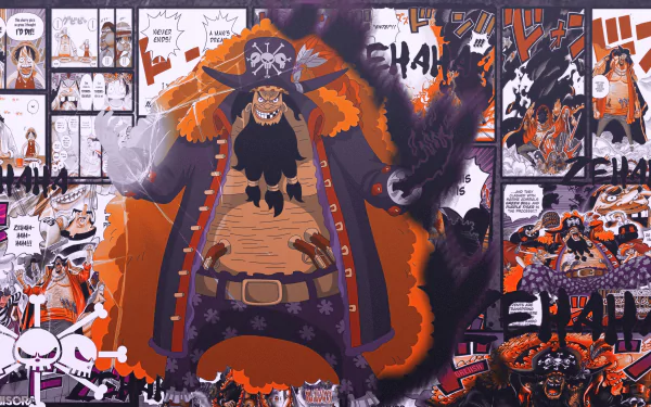 Marshall D. Teach from the anime One Piece stands menacingly with dark flames around him, set against a vivid 4K Ultra HD collage of manga panels for a PC desktop wallpaper.